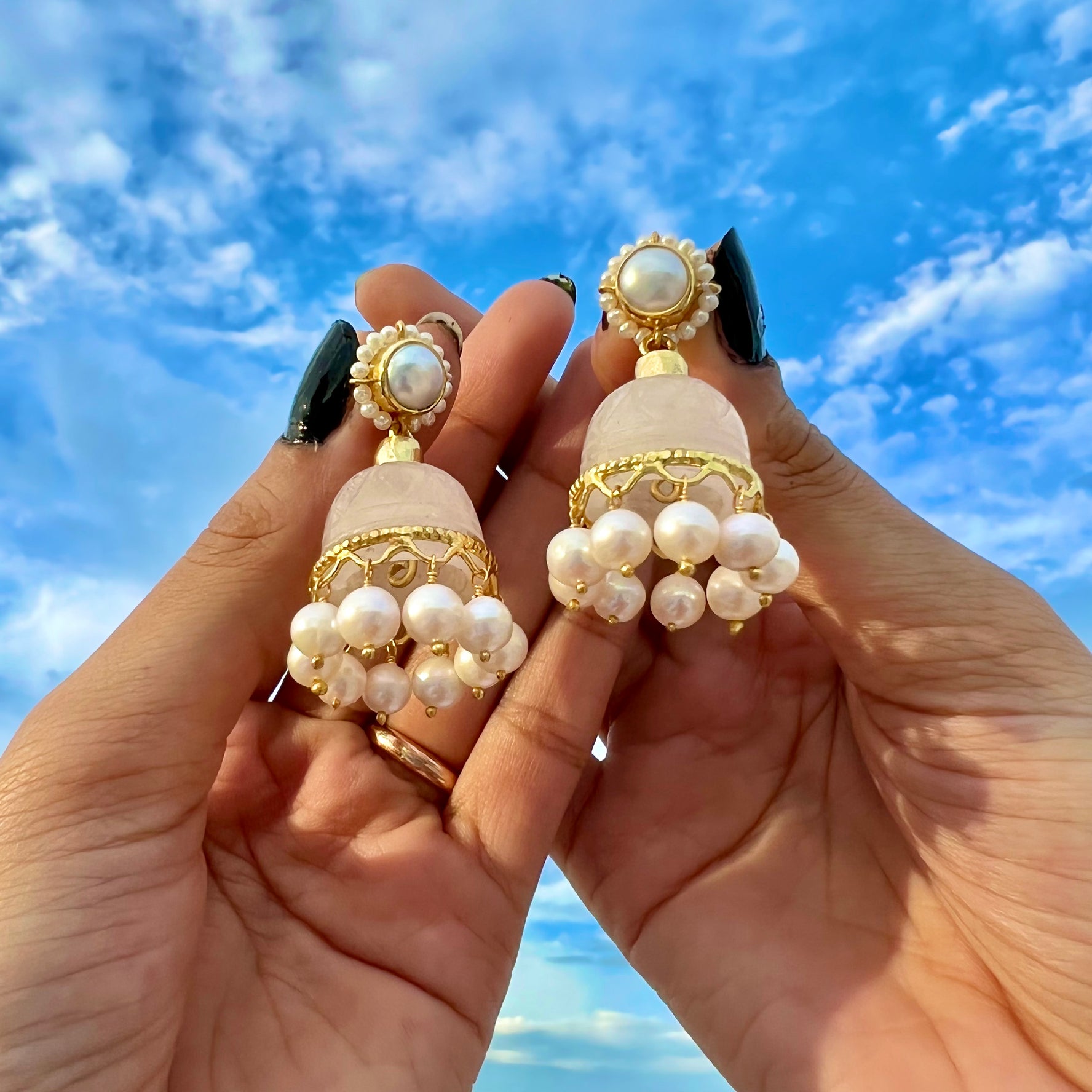 Rose Quartz- Pearl Jhumkis